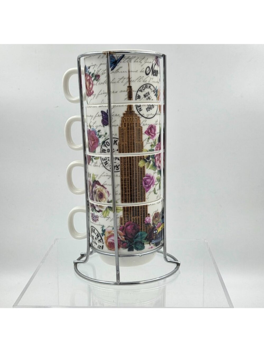 New York City Skyline Set of 4 Stacking Porcelain Mugs with a Metal Rack - Picture 3 of 12